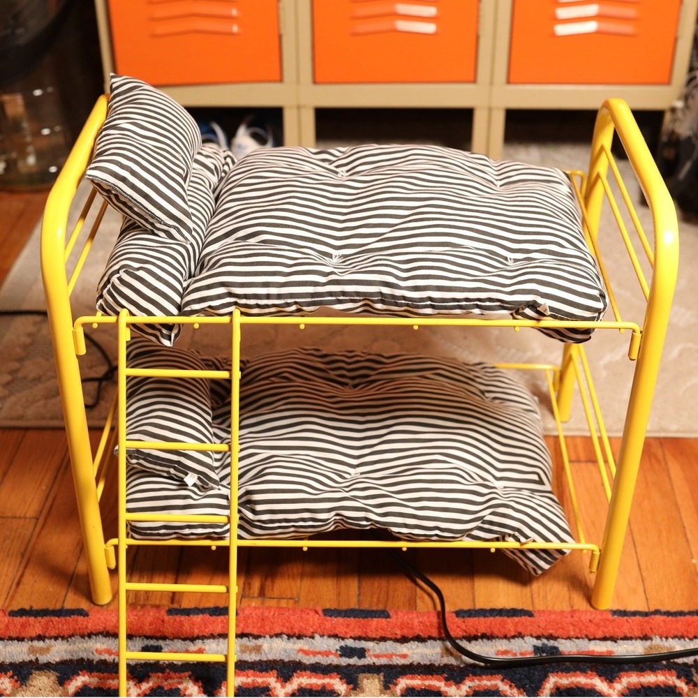 Miniature Yellow Metal Bunk Bed with Striped Bedding Doll Furniture Accessory